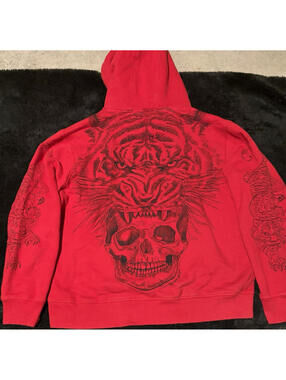 Sean John Legacy Men’s Red Pullover Hoodie L Skull Tiger Graphic Print